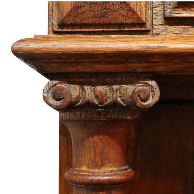 1900 - 1909 Continental Gothic Carved Oak & Stained Leaded Glass Court Cupboard C1900 For Sale - Image 5 of 17