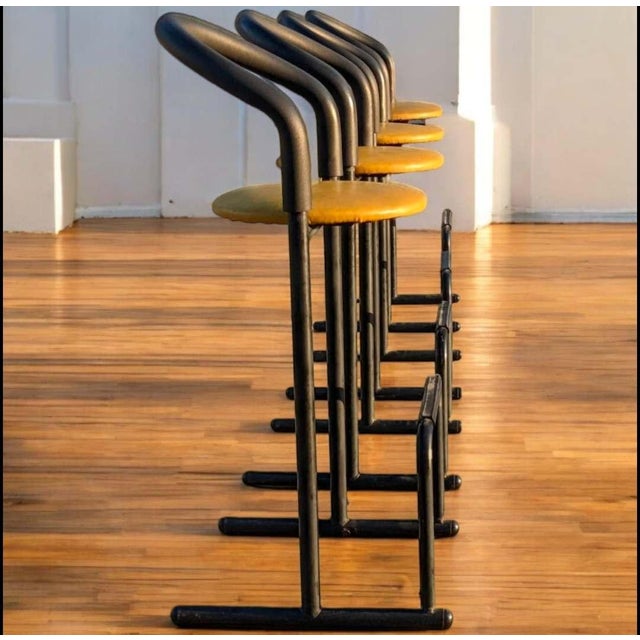Set of Five 1980s Amisco Postmodern Tubular Steel and Yellow Leather Barstools For Sale - Image 13 of 18