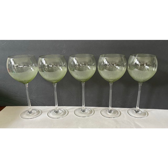 Mid-Century Modern Late 20th Century Olive Green Ombré Optic Ribbed Balloon Bowl Wine Goblets - Set of 5 For Sale - Image 3 of 9