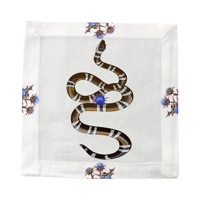 Contemporary Thistle And Snake Cotton Sateen Cocktail Napkins in Blue White, Set of 4 For Sale - Image 3 of 6