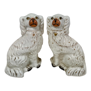 Antique Pair of 19th Century White Staffordshire King Charles Spaniel Dogs From England - Circa 1890