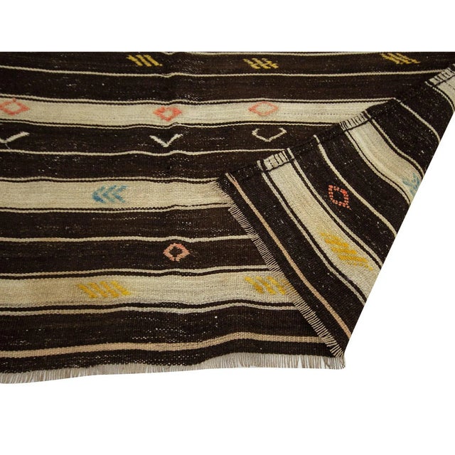 Mid 20th Century Brown & Ivory Striped Goat Hair Kilim Rug For Sale - Image 5 of 7