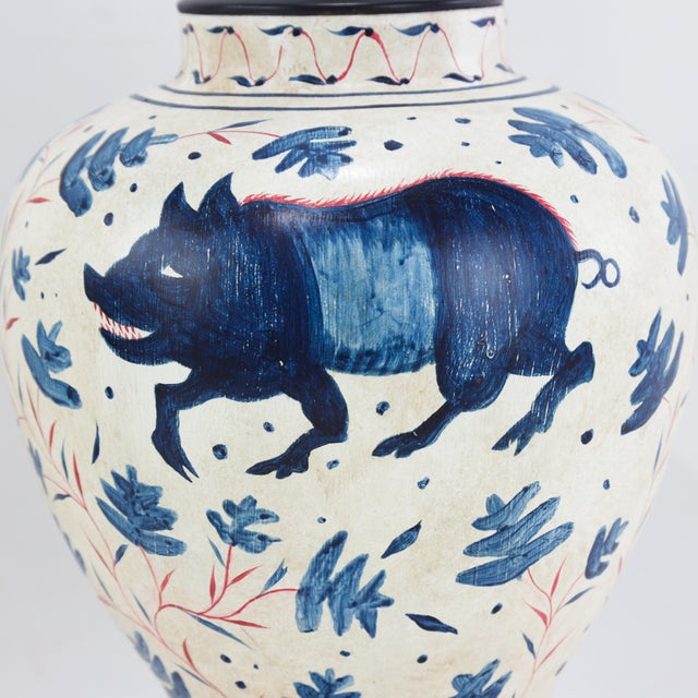 Pair of Vintage Brunschwig & Fils Cadiz Table Lamps - Blue and Cream Ceramic With Boar and Deer Motif For Sale - Image 12 of 17