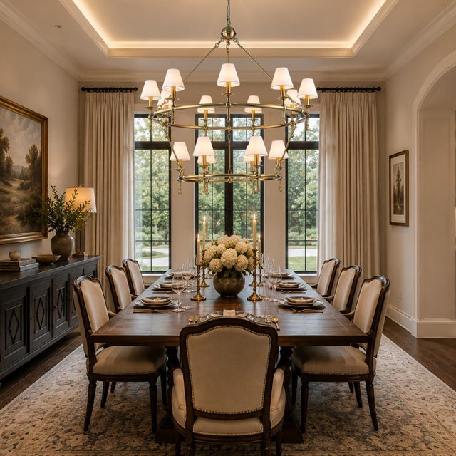 Aloadecor Classic Large Warm Brass Two-Tier Chandelier With White Shades For Sale In Houston - Image 6 of 8
