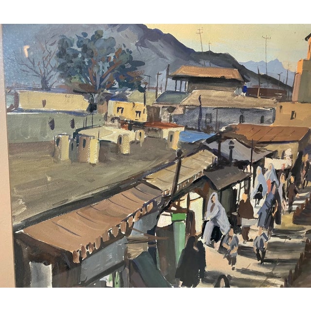 Vintage Original Stylized Village City Landscape Scene Gouache Painting 25 Inch For Sale - Image 11 of 12