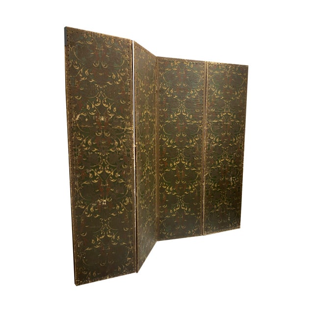 A large 19th-century Cordoban paper arranged on four solid wood sheets in the shape of a screen. It is made of paper,...