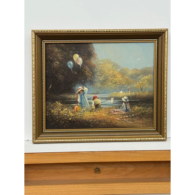 Oil Painting of Children Playing on Summers Day in the English Countryside 1980 Circa For Sale - Image 10 of 15