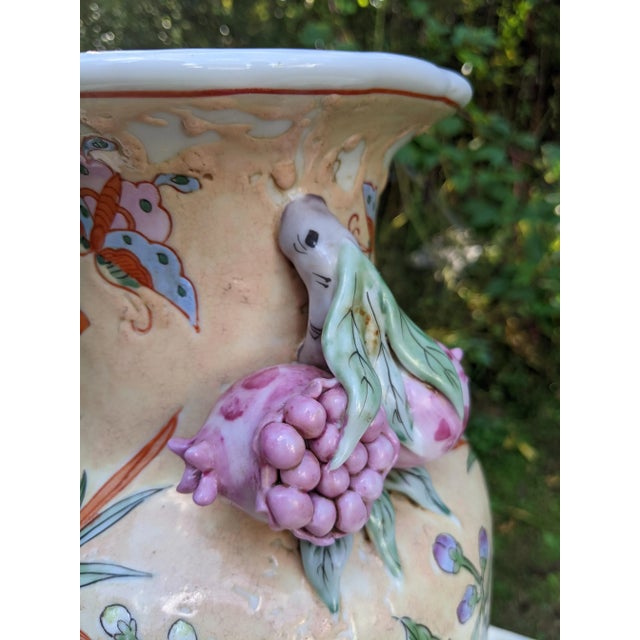Vintage Chinese Ceramic Vase W/Butterflies, Flowers & Pomegranate Fruit Handles For Sale - Image 11 of 12