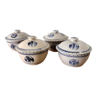 1960s Chinese Lidded Rice Bowls in Blue & White-Set of 4 For Sale