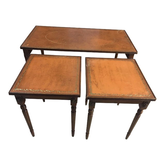 19th Century French Leather Top Cocktail Table With 2 Nested Side Tables - Set of 3 Pieces For Sale