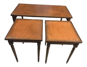 19th Century French Leather Top Cocktail Table With 2 Nested Side Tables - Set of 3 Pieces