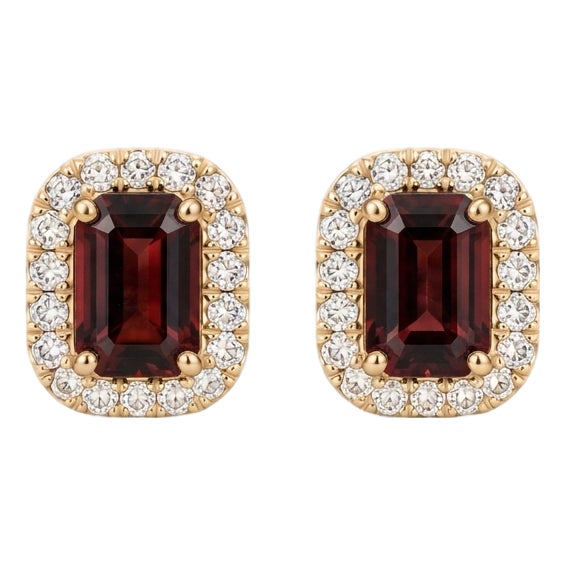 Natural Garnet Stud Earrings | Vintage Halo Cluster Earrings | January Birthstone Jewelry - A Pair For Sale