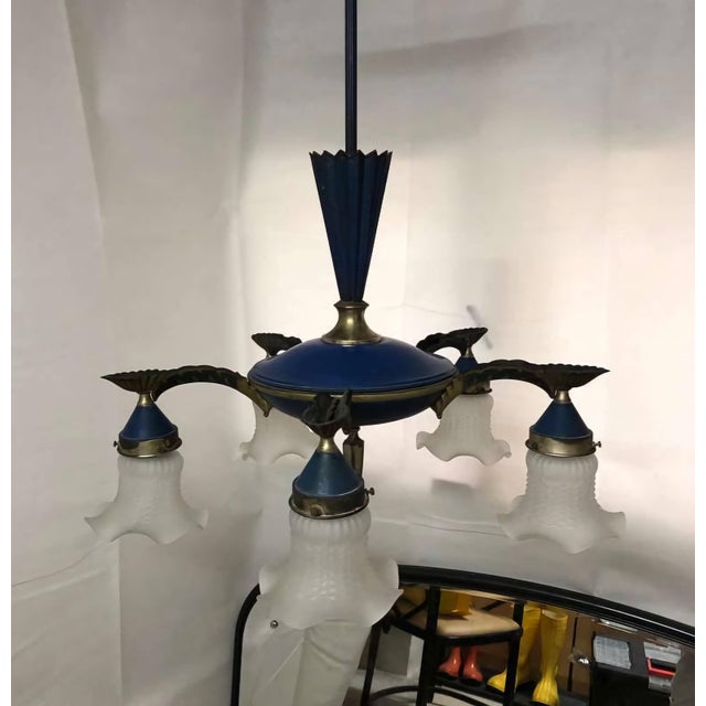 1910s Blue Chandelier With 5 Frosted Glass Shades - Dagobert Peche For Sale - Image 6 of 12