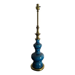 1960s Stiffel Blue Crackle Glaze Pagoda Lamp With Brass Base For Sale