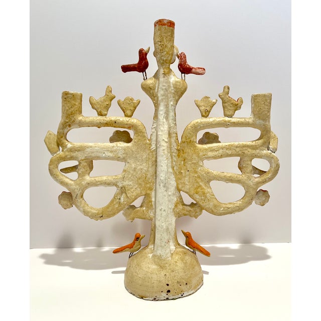Vintage Handmade Mexican Folk Art Ceramic Candelabra Candle Tree Birds Rabbits For Sale - Image 11 of 12