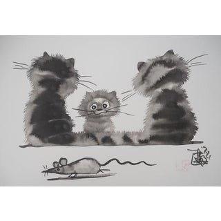 Laszlo Tibay, Tenderness of Cats, Pen on Paper For Sale