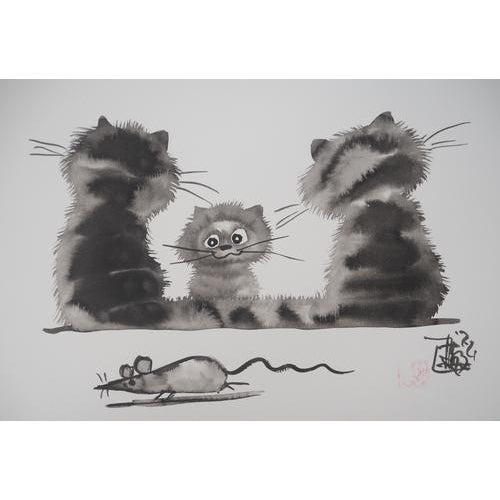 Laszlo Tibay, Tenderness of Cats, Pen on Paper For Sale