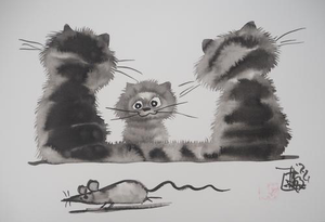 Laszlo Tibay, Tenderness of Cats, Pen on Paper