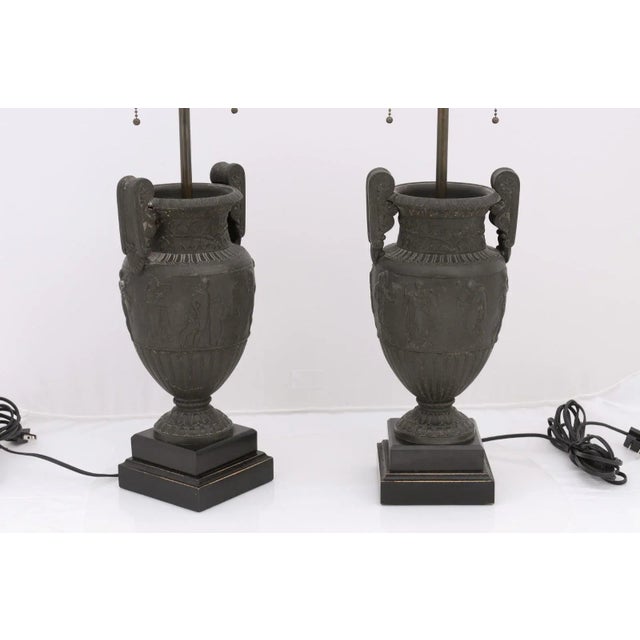 Pair of 1940s French Etruscan Cast Urn Lamps For Sale - Image 4 of 12