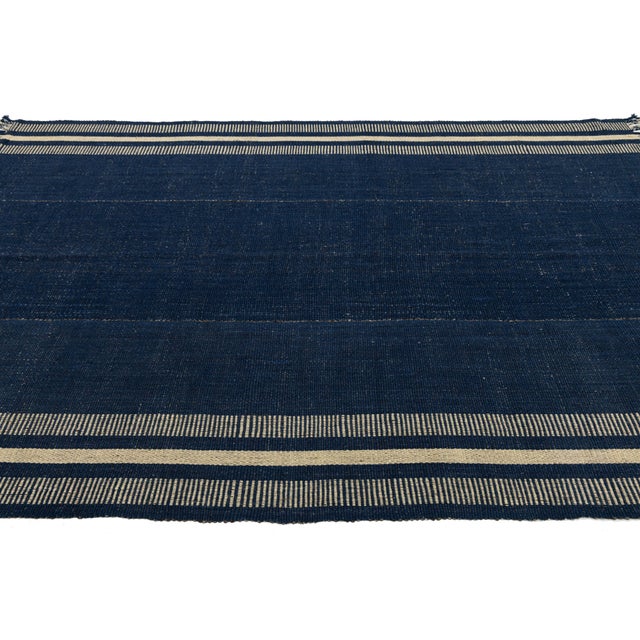 2020s Modern Kilim Style Wool Rug – Hand-Knotted Indigo Blue & Cream Striped Flatweave For Sale - Image 5 of 11