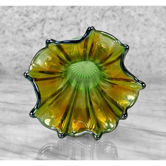 Mid-Century Green Iridescent Carnival Art Glass Swung Vase For Sale - Image 4 of 9