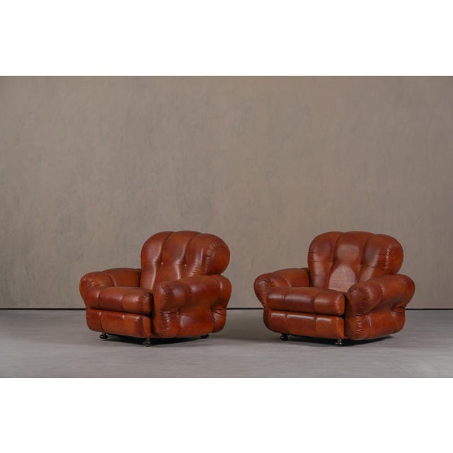 Brown Vintage Italian Club Chairs in Cognac Leatherette, Italy, 1970s, Set of 2 For Sale - Image 8 of 15