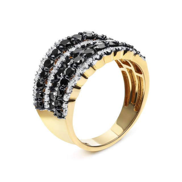 Contemporary 14K Yellow Gold Plated .925 Sterling Silver 1 3/4 Cttw Treated Black and White Alternating Diamond Multi Row Band Ring - Size 7 For Sale - Image 3 of 6