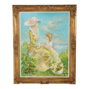 Oversized Oil on Canvas Scenic Portrait Painting of a Mother & Daughter 20thC