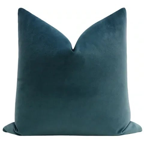 Pair of beautiful custom-made 100% cotton velvet pillows in French Blue. Meticulously handcrafted with serged interior...
