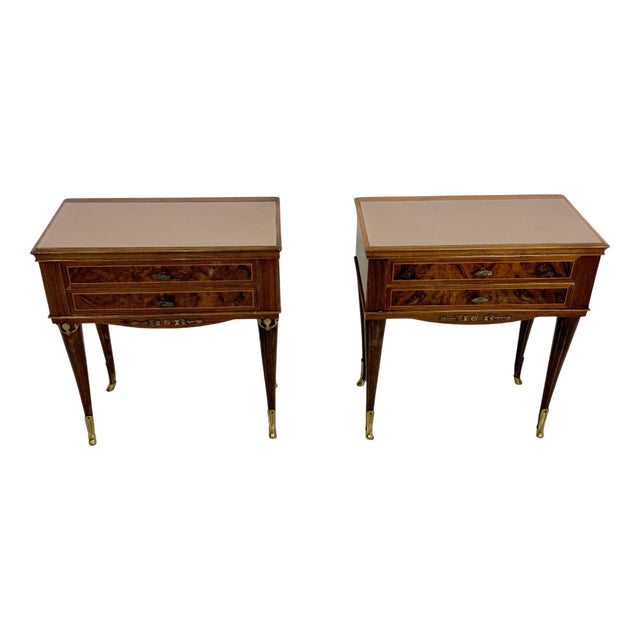 Vintage Italian Bedside Tables with Pink Glass Top and Brass Feet, 1950s, Set of 2 For Sale