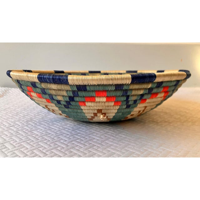 2010s Woven Natural African Basket With Teal Blue & Cream Design For Sale - Image 5 of 6
