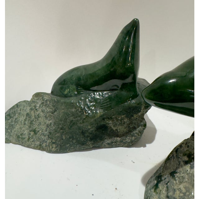 Modern Pair 1980 Canadian Nephrite Jade Marine Sculptures, Signed S. Sandburg For Sale - Image 3 of 14