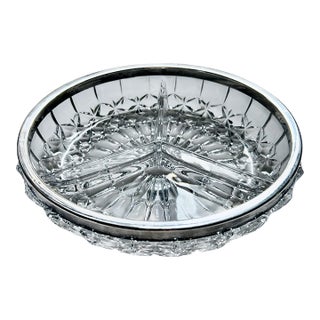 Mid Century Silver Textured & Textured Divided Glass Dish For Sale
