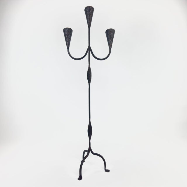 2020s Hand Forged Wrought Iron Floor Candelabra 50″ (127cm) Antique Copper Patina 3-Arm Candle Holder Leaf Detail Rustic Wedding Decor For Sale - Image 5 of 7