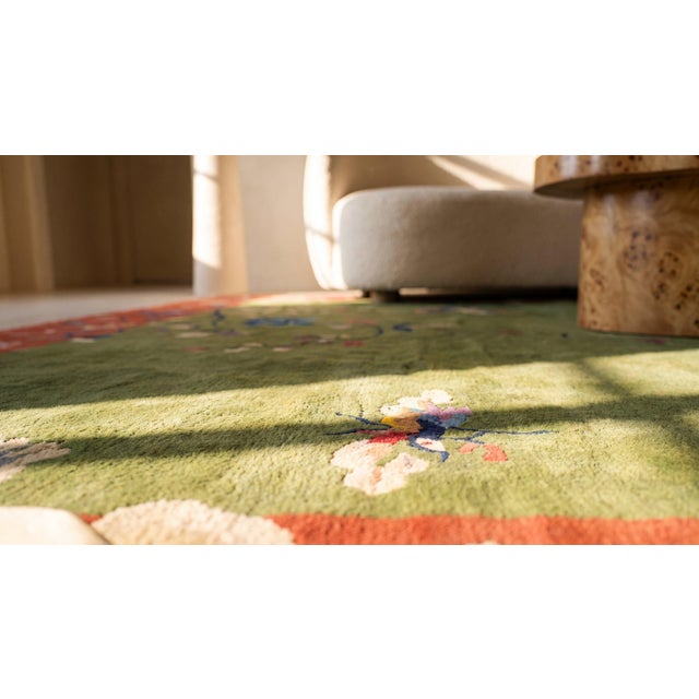 Green 1920s Green Floral Antique Chinese Deco Rug 8' X 10' Knotted Wool Carpet For Sale - Image 8 of 9