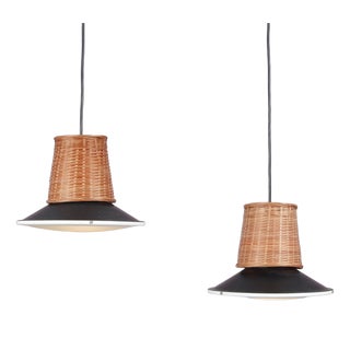 Hanging Lamps in Wicker, Black Metal, and Glass, 1950s, Set of 2 For Sale