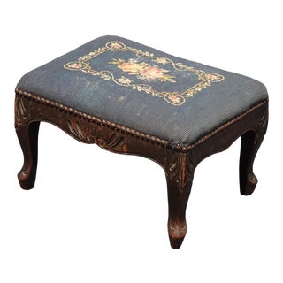 Vintage French Provincial Blue Tapestry Footstool W Carved Cabriole Legs For Sale