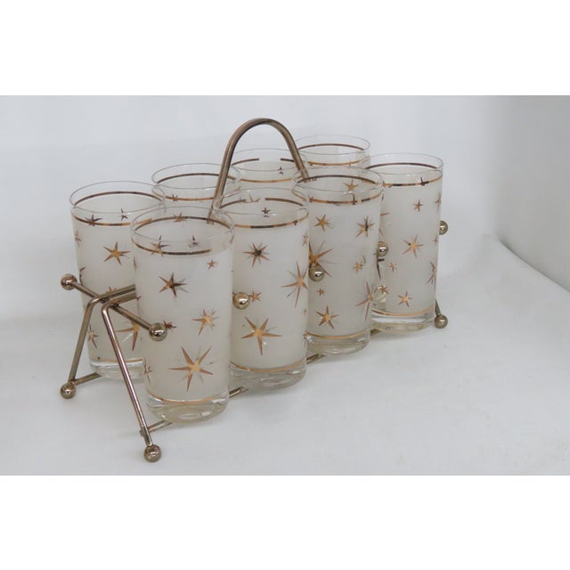 Mid Century Highball 8 Frosted Glass Cups Gold Atomic Starburst W Caddy 4605b For Sale - Image 14 of 18