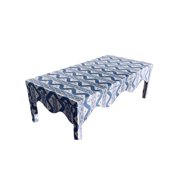Custom Scalloped Coffee Table in Blue Ikat For Sale - Image 12 of 16