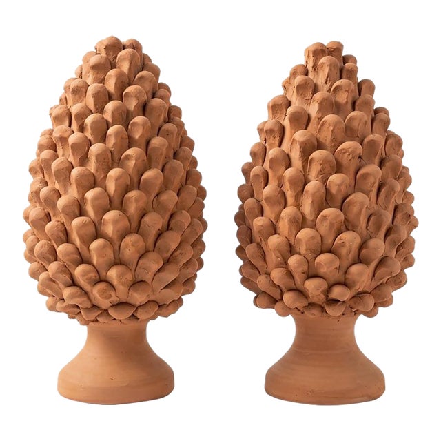 Pair of Hand-Finished Terracotta Pine Cone Finials For Sale