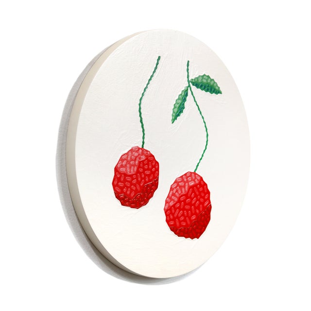 Contemporary Circle Cherries - Original Vibrant Abstract Fruit Still Life Painting on Panel by Will Beger For Sale - Image 3 of 11