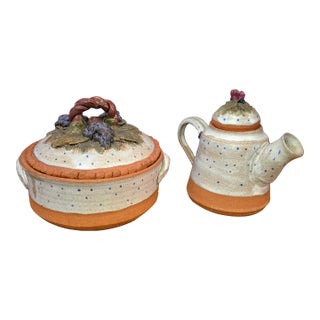 Mid 20th Century Sandra Schmitt McKenzie River Pottery Stoneware Teapot & Lidded Casserole Set, Rustic Studio Art Pottery For Sale