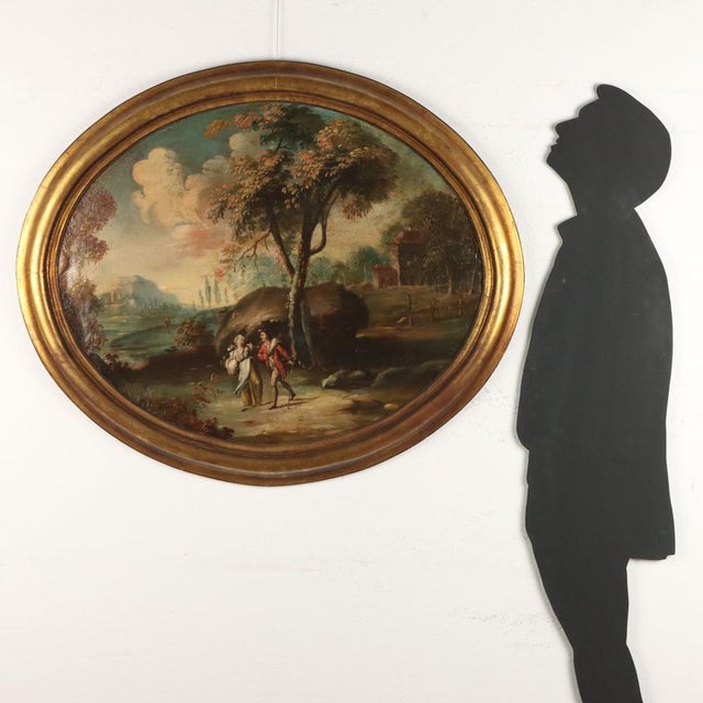 Oval Landscape with Figures, Oil on Canvas, 19th Century-20th Century, Framed For Sale - Image 3 of 11