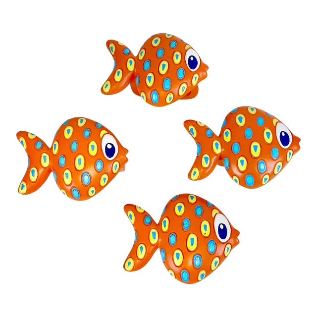 Mid-Century Boho Chic Coastal Palm Beach Chic Fish Napkin Rings - Set of 4. For Sale