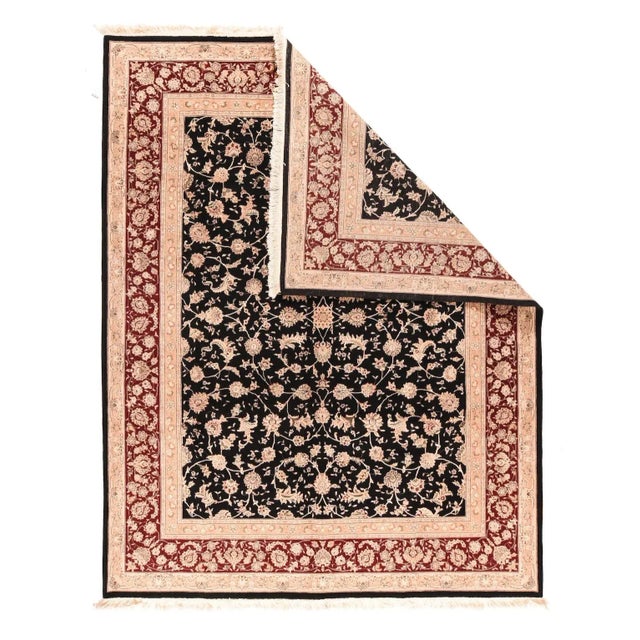 The near black field is dominated by an ecru vinery making volutes, concave diamonds and open spirals, with attached petal...