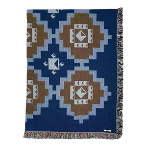 Rousseau Loom Woven Cotton Throw Blanket, Navy and Ochre Geometric Coverlet