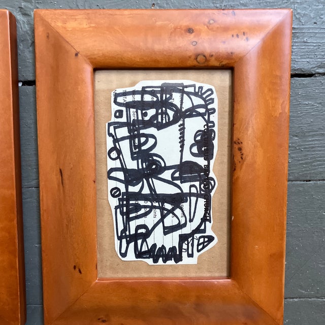 Abstract Contemporary 2 Original Wayne Cunningham Small Abstract Marker Drawings Birdseye Maple Tabletop Frames-a Pair For Sale - Image 3 of 4