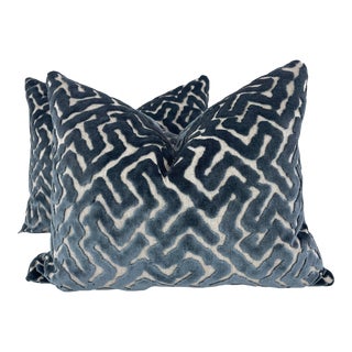 Kravet Tribal Cut Velvet in Blue 16"x20" Pillows-A Pair For Sale