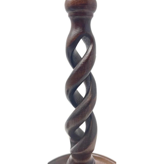 Mid-Century English Oak & Brass Open Barley Twisted Candlesticks - a Pair For Sale In Nashville - Image 6 of 9