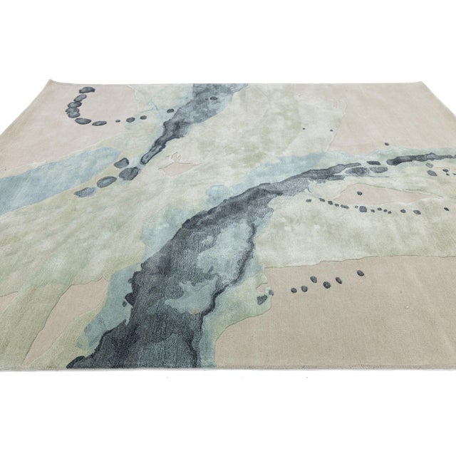 Abstract Fluidity - Modern Hand-Tufted Wool and Viscose Rug in Sage & Slate 8x10 For Sale - Image 4 of 10